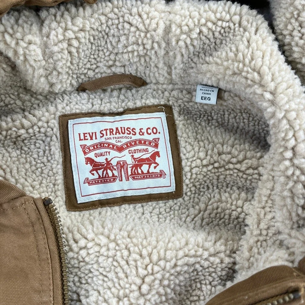 Levis Hooded Canvas Work Barn Jacket XXL Brown Sherpa Lined Utility Workwear